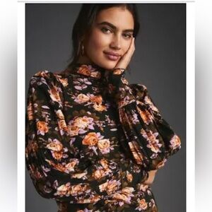 Anthropologie Turtleneck Rose Print Cotton Turtleneck Size L